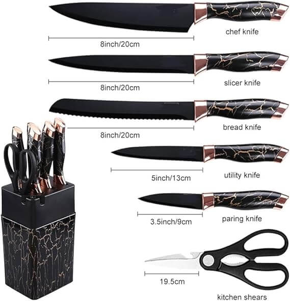 7 Piece Marble Kitchen Knife Set with Stand and Base - Image 3